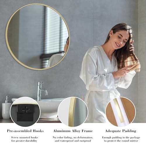 NEWBULIG Round Wall Mirror, 36 Inch Bathroom Mirrors for Over Sink, Wall Vanity Circle Mirror with Matte Metal Framed, Decor for Bathroom, Entryway, Bedroom, Gold thumbnail 5
