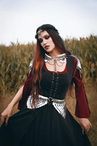 Scarlet Darkness Renaissnace Faire Costume Dress for Women Pirate Overdress | Pockets, Front lace-up, Underbust cut, for Peasant Gothic Witch Medieval Party thumbnail 4