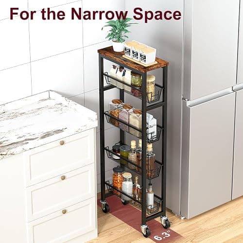 Honest Slim Storage Cart 4-Tier Slim Rolling Cart with Metal Frame and Wooden Top, 6.3 Inches, Storage Cart for Kitchen, Dining Room, Living Room, Bathroom, Home Office, Rustic Brown and Black thumbnail 7