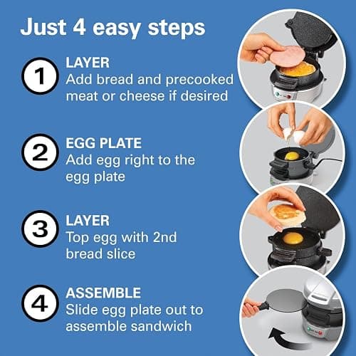 Hamilton Beach Breakfast Sandwich Maker with Egg Cooker Ring | Perfect for English Muffins, Croissants, Mini Waffles | Customizable & Fast | PFAS-Free | Silver | 25475MN thumbnail 6