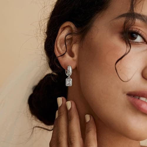 SHERLOVE Chunky Statement Gold Dangle Earrings Women Bezel Cubic Zirconia | 14K Gold Plated Huggie Hoop Drop,Dainty Trendy Elegant Fancy Formal,Hypoallergenic Lightweight Non tarnish,Statement Jewelry thumbnail 2