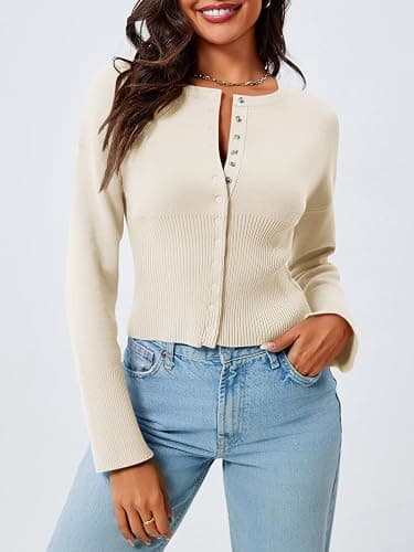 Saodimallsu Womens Cropped Sweaters Button Down Long Sleeve V Neck Ribbed Knit Slim Fit Pullover Crop Tops thumbnail 2
