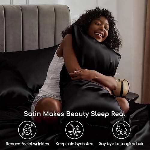 MR&HM Satin Bed Sheets, Queen Size Sheets Set, 4 Pcs Silky Bedding Set with Elastic Corner Straps and 15 Inches Deep Pocket for Mattress (Queen, Black) thumbnail 3