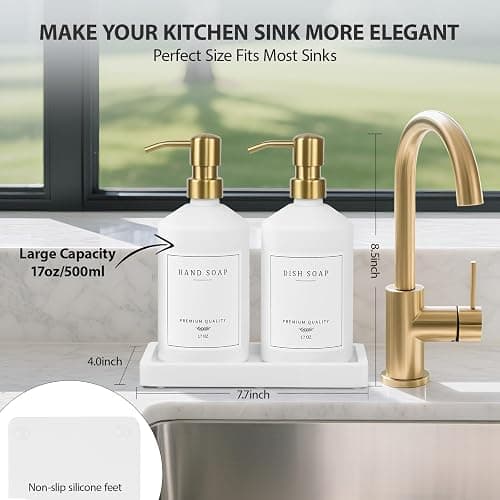 Gold Soap Dispenser Set, Glass Hand and Dish Soap Dispenser Set with Tray,Stainless Pump,14 Stickers for Kitchen,Bathroom Soap and Lotion Dispenser,Modern Counter Decor (White Bottle/Gold Pump) thumbnail 2