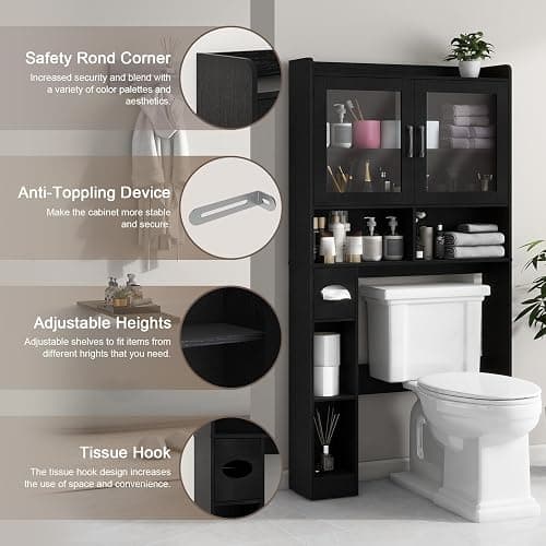 Vabches Over-The-Toilet Storage Cabinet, Farmhouse Style with 2 Acrylic Waves Doors, Space-Saving Home Storage Rack for Restroom, Bathroom and Laundry Room.Black. thumbnail 3