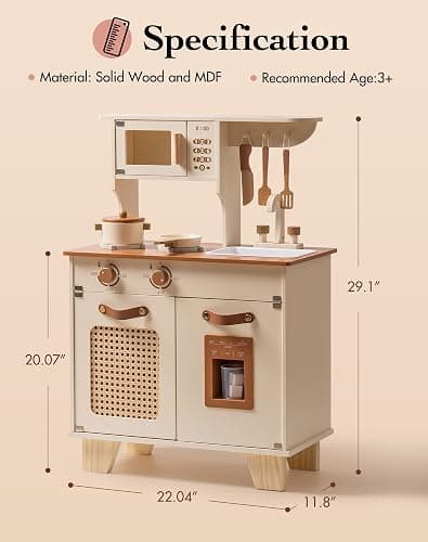 ROBUD Kids Kitchen Playset, Mocha Montessori Wooden Play Kitchen with Ice Dispenser, Pretend Toddlers Kitchen Toy with Accessories, Baby Gift for Ages 3 4 5 6 7 8 thumbnail 2