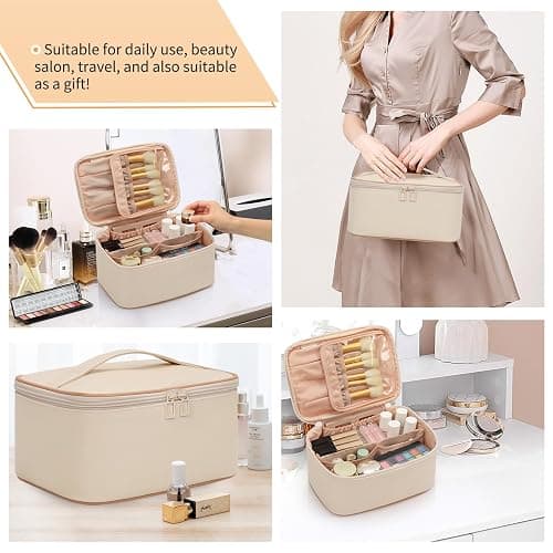 OCHEAL Beige Makeup Bag,Travel Makeup Organizer Bag, Large Capacity Cosmetic Bags For Women Large Travel Toiletry Bag Girls Traveling With Brush Slot And Divider-White thumbnail 8