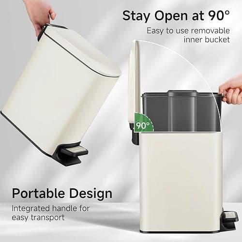 TIPGO Slim Bathroom Trash Can with Lid Soft Close, 6 Liter / 1.6 Gallon Stainless Steel Garbage with Removable Inner Bucket, Small Trash Bins for Bedroom, Office (Cream) thumbnail 4