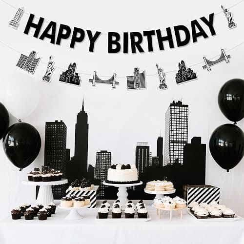 Cheerupp New York Cityscape Theme Party Decorations, Skyscraper Happy Birthday Garland, Night Scene Banner Party Sign for Birthday Party Decor Supplies thumbnail 3