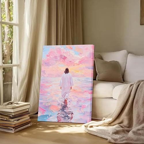 Jesus Canvas Wall Art Pink Jesus Walks on Water Painting Picture Wall Decor Religious Savior Wall Art Christian Bible Stories Poster print Artwork for Living Room Bedroom Church Decor 24x36in canvas thumbnail 4