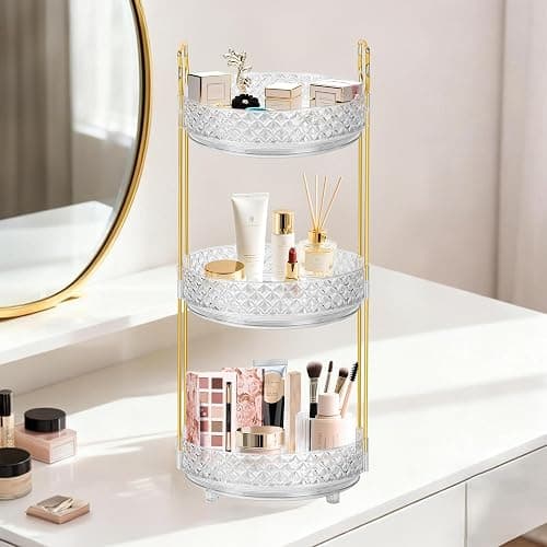 LAREKUN 360 Rotating Rotating Makeup Organizer for Vanity, 3 Tier Perfume Skincare Organizers and Storage for Bathroom Countertop, Clear Spinning Counter Cosmetic Holder for Dresser,Clear thumbnail 2