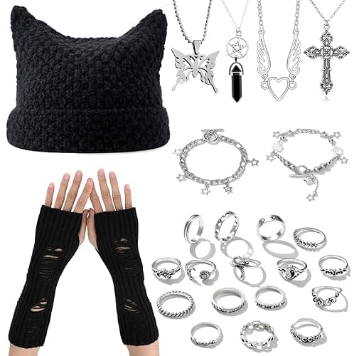 JDRGJTH 24PCS Y2k Jewelry Set,Y2k Accessories Grunge Knitted Cat Beanie,Fairy Grunge Gloves Necklace Rings Bracelet Therian Accessories Set Cosplay Party Jewelry Gift for Women - Image 1