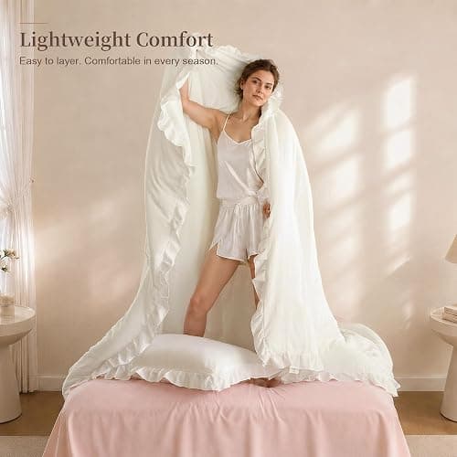 JANZAA Cream White Comforter Set Full, Ruffle Soft Bedding | microfiber bed set with 2 pillow sham ruffle design lightweight warmth breathable bedding machine washable thumbnail 8