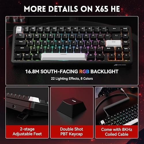 MAMBASNAKE Attack Shark X65 HE Clavier à Déclenchement Rapide, Précision RT de 0,01 mm, 8KHz, Clavier Filaire à Effet Hall à 60% avec Câble 8 KHz, Actionnement Réglable, Snap Tap, pour PC/Mac, Noir thumbnail 8