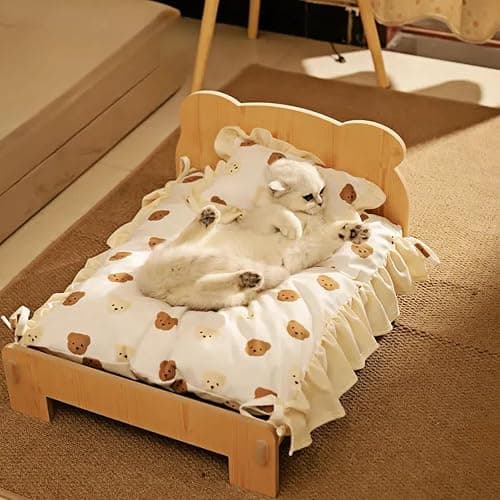 JUNTITE Cat Bed with Quilt - Wooden Indoor Pet Bed for Cats, Dogs, Rabbits, Kittens and Small Animals - 20.4 x 15.3 Inch thumbnail 9