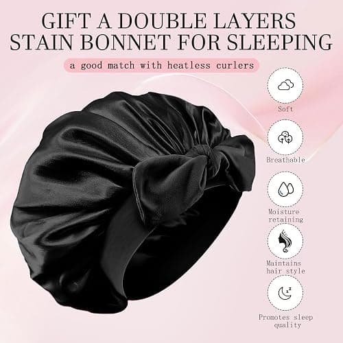 Hroevc No Heat Overnight Curls with Double Layer Satin Bonnet - Soft Hair Curlers to Sleep In, heatless Curling Rods Set + Silk Bonnet for Women & Girls Long Hair, Heatless Waves & Volume (Black) thumbnail 2