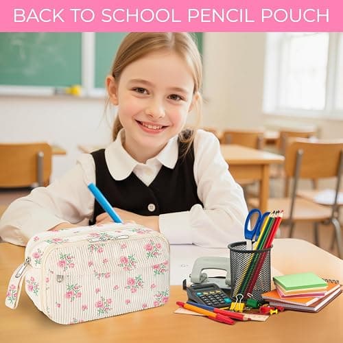 WOBAGMEN Cute Pencil Case for Girls,Large Corduroy Zippered Pencil Case Pouch, aesthetic Pencil Bag with Compartments, Soft Pencil Pouch School Supplies for Teen Girls Boys and Women(pink floral) thumbnail 7