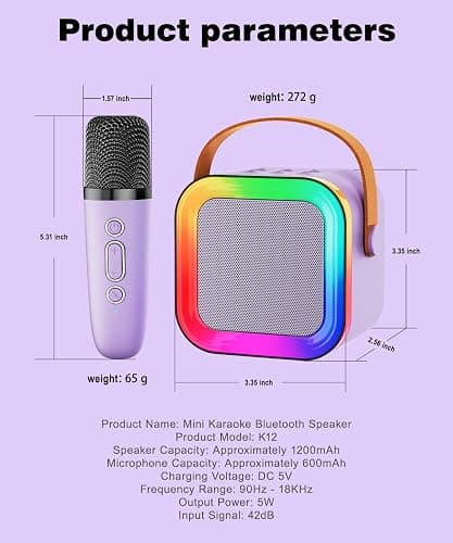 Mini Karaoke Machine Speaker for Kids Adults,Portable Bluetooth with 1-2 Wireless Microphones,Christmas Birthday Gifts Toys Girls Boys Ages 4, 5, 6,7, 8,9,10,11,12+ Years Old Toddler (Purple - 1 Mic) thumbnail 8
