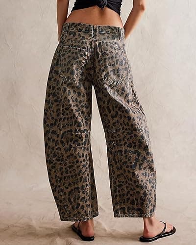 Kedera Women's Baggy Barrel Jeans Casual Boyfriend Mid Rise Leopard Printed Wide Leg Denim Ankle Pants thumbnail 2