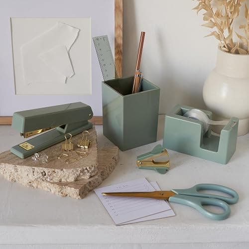 Aesthetic Desk Accessories Set - A Complete Desktop Organizer Set For Women Enhances Any Office Decor - An Office Supplies Kit w Gold Finish incl. Pen Holder, Scissors, Stapler, Tape Dispenser & More thumbnail 5