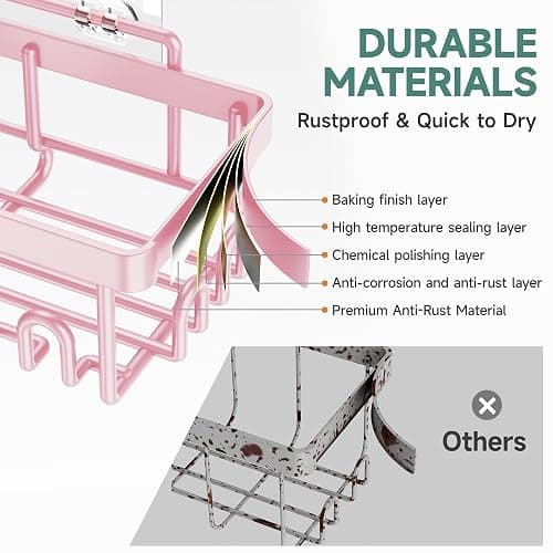Veken Large Capacity Shower Caddy 6-Pack, No Drilling & Rustproof, Adhesive Shower Shelves with Soap Holder, Bathroom Organizers and Storage, Wall-Mounted Kitchen & Home Decor, Pink thumbnail 5