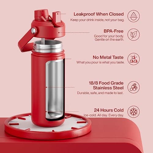 ENCOOL Insulated Water Bottle with Straw Stainless Steel Water Bottle, Leak-Proof, BPA-Free, Double Wall Vacuum Keeps Cold for 24 Hours for Sports, Travel, School (18 oz, Medium Carmine) thumbnail 6