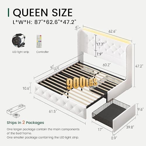 LARMACE Queen Size Bed Frame with LED Lights and 4 Storage Drawers Velvet Upholstered Platform Bed Frame with Tufted Headboard Wingback, No Box Spring Needed, Easy to Assemble, White thumbnail 2