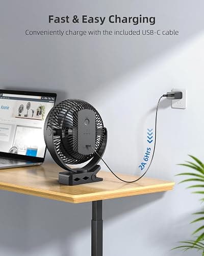Koonie 10000mAh Clip on Fan Rechargeable, 8-Inch Battery Operated Desk Fan, USB Fan, 4 Speeds, Strong Airflow, Sturdy Clamp for Golf Cart Office Desk Outdoor Travel Camping Tent Gym Treadmill,Black thumbnail 9