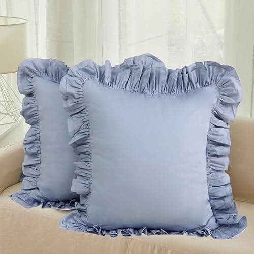Lemfux Couch Pillow Covers Blue Ruffle Euro Pillow Shams,Set of 2, 24x24 Inch Cotton Decorative Pillowcases Shabby Chic Pillow Cases Pillow Cover Standard Size Coquette Pillow Covers - Haze Blue - 24" x 24" (Pack of 2) thumbnail 5
