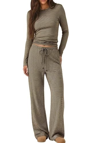 CHYRII Women Two Piece Sets Fall Long Sleeve Striped Lounge Sets Pajamas | Soft Cotton Pajamas Sets,Fitted Long Sleeve Top,Drawstring Wide Leg Palazzo Pants,Comfy Fall Matching Sets thumbnail 2