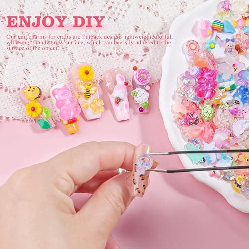 250pcs Kawaii 3D Candy Nail Charms Kit,Y2K Cartoon Gummy Bear Bees Fruit Pineapple Sweet Candy Lollipop Donut Ice Cream Cute Heart Star Bows Mixed Colors Jewelry Nail Embellishments for Nail Art Craft thumbnail 6
