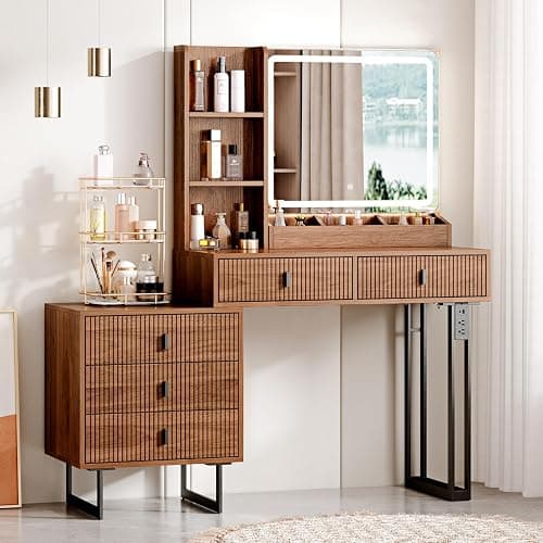 Large Vanity Desk with 3 Color Touch Screen Dimming Mirror, Vanity Desk with Charging Station, Modern Retractable Makeup Dressing Table, Makeup Table With storage shelves and 5 Sliding Drawers, Walnut - Image 1