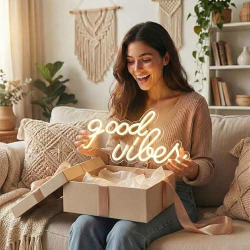 DECANIT Good Vibes Neon Sign Warm White, Boho LED Light for Wall Decor, Living Room, Wedding, Engagement Party, USB Powered 3D Art Holiday Gift, 16.1x8.3 Inch thumbnail 6