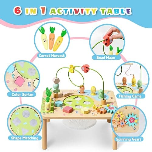 wingyz Activity Table, 6 in 1 Wooden Montessori Activity Center with Bead Maze Shape Sorter Fishing Game, Kids Sensory Play Table Toddler Toys 1st Birthday Gifts Boy Girl(Morandi-Square) thumbnail 3