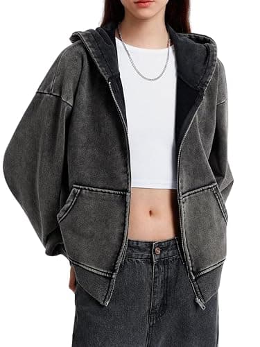 Aelfric Eden Hoodies Washed Solid Zip Up Hoodie Casual Cropped Hooded Sweatshirt Long Sleeve Zipper Pullover Streetwear thumbnail 3