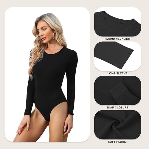CE' CERDR 4/5 Pack Long Sleeve Bodysuit for Women Round Neck Casual Stretchy Basic Shirts Crew Neck Body Suits Tops thumbnail 3