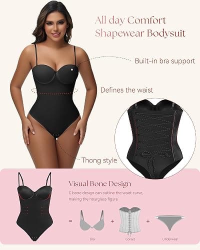 SHAPSHE Strapless Shapewear Corset Bodysuit Tops for Women Tummy Control V Neck Thong Body Shaper Going Out Outfits thumbnail 4