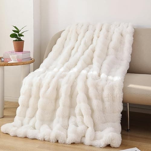 YIKUSH Faux Fur Blanket Fleece Cream White Fluffy Blanket for Sofa, Cozy Soft Plush Throw Blanket for Couch Bed, Luxury Thick Fuzzy Couch Blanket for Winter, Comfy Bubble Blanket - 50" x 60" thumbnail 7