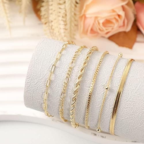 CAROVO Gold Bracelets for Women 14k Gold Plated Bracelets for Women Bracelets Sets Dainty Herringbone Paperclip Satellite Box Link Chain Anklet Bracelet Jewelry for Gifts. thumbnail 5