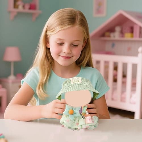 5 Pcs Doll Clothes for 17cm Dolls，Summer Youth Doll Clothes Accessories Set with 1 Green Strap Dress 1 Sunshade Hat 1 Bag 1 Bottle Decoration for Girls Boys Kids Birthday Gifts，No Doll thumbnail 6