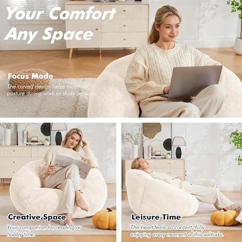 LVHOM 3.28 Feet Bean Bag Chair for Adults, Shell-Shaped Bean Bag Lazy Couch, Faux Fur Cloud Sofa Chair, Lounge Floor Sofa with Filler for Reading, Gaming & Watching, No Assembly Required (Beige) thumbnail 6
