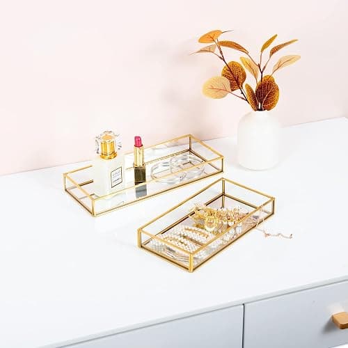 Feyarl Gold Clear Glass Vanity Tray Jewelry Trinket Rings Earrings Organizer Perfume Collection Display Decorative Tray Anti-Mirror Surface for Dressr Room Drawer Office Tabletop (9.84 x 3.93inch) thumbnail 8