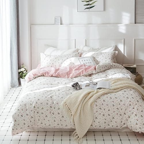 HighBuy Girl Floral Duvet Cover Queen Cotton Pink Flower Coquette Bedding Comforter Covers Queen Bedding Set Pink White Lightweight Soft for Girls Garden Style Duvet Cover for Children - Image 1