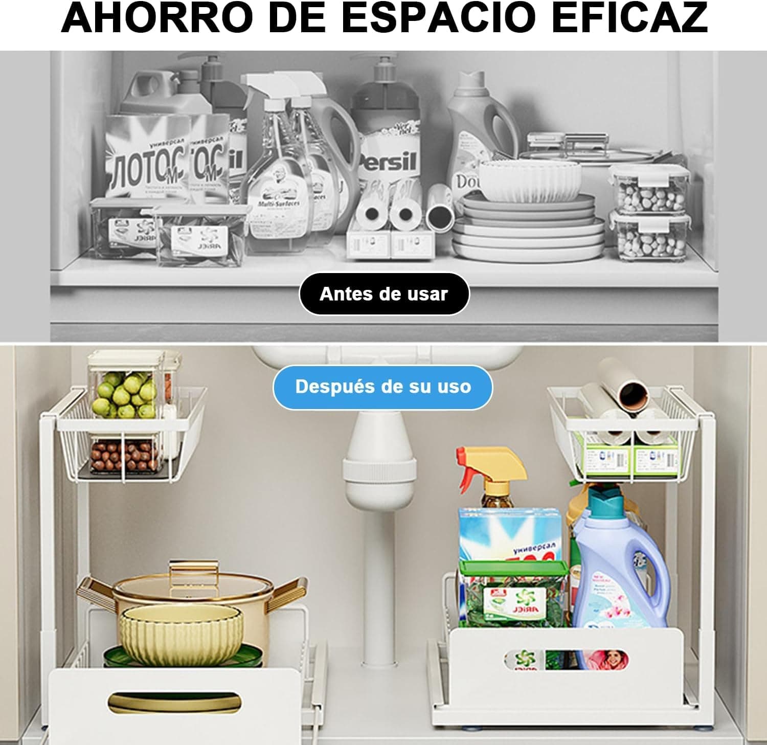 Under Sink Organizer, 2 Tier Slide Out Cabinet Storage Shelves, Multi-Purpose Metal Oragnizer for Home,Kitchen,Bathroom (White) thumbnail 5