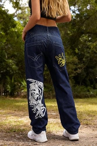 Unisex Y2K Hip Hop Street Jeans with Skeleton Print, Gothic Baggy Jeans, Vintage High Waist Denim, Wide Leg Pants thumbnail 3