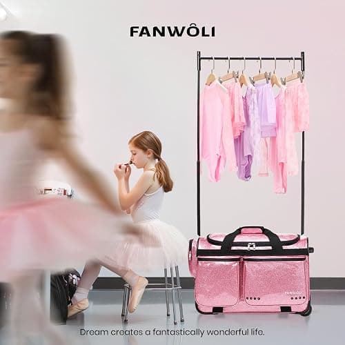 Fanwoli 23" Dance Bag with Rack, Dressing Room, Rolling Competition Duffel | Shine-Bright Collection, 360 Privacy Curtain, TPU-Coated Glitter Fabric, Dual Support System, 10-Costume Capacity thumbnail 2