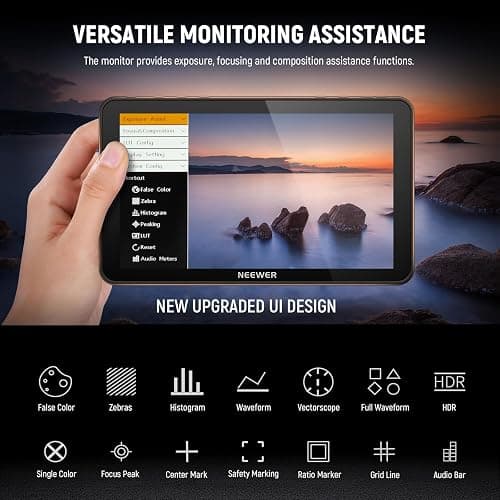 NEEWER F700 7" Moniteur de Terrain pour Caméra,écran Tactile IPS HD 2000nit 1920x1080 avec 3D LUT,Boucle d'Entrée/Sortie HDMI 4K avec Peak Focus DSLR Video Assist HDR Waveform,Batterie 5200mAh & Câble thumbnail 5
