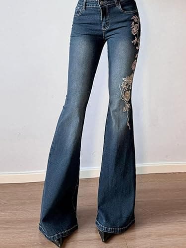 Women Bell Bottom Jeans Stretchy Flare Mid Rise Embroidery Vintage Denim Pants 90s Outfits Y2k Clothes thumbnail 3