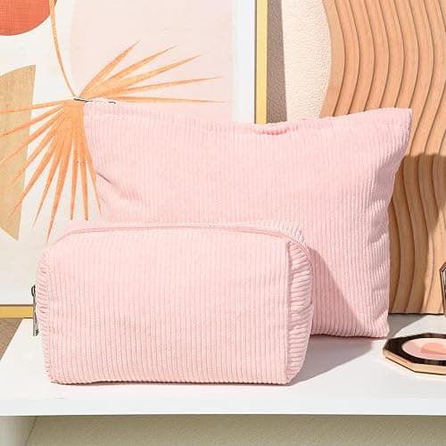 SOIDRAM 2 Pieces Makeup Bag Large Corduroy Cosmetic Bag Capacity Canvas Mix Travel Toiletry Bag Organizer Cute Makeup Brushes Aesthetic Accessories Storage Bag for Women, Corduroy Mix Pink thumbnail 6