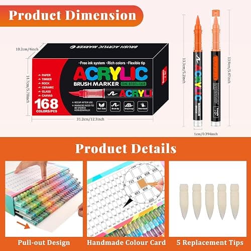 Funnasting 168 Couleurs Feutre Acrylique, Tête de Brosse Douce Marqueur Peinture Acrylique pour Coloriage, Verre, Tissu, Oeuf, Pétroglyphes et Bricolage Arts & Crafts Fournitures thumbnail 5